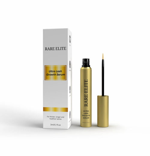 Ultra Growth Lash Serum by Rare Elite for thicker, longer, and healthier lashes in a sleek packaging.