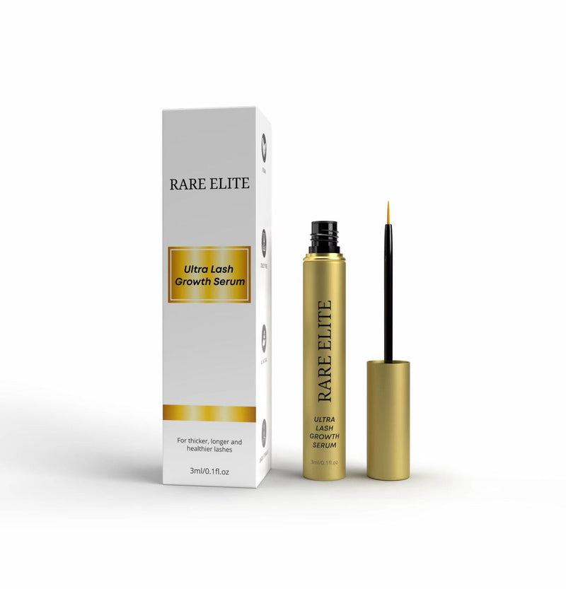 Ultra Growth Lash Serum by Rare Elite for thicker, longer, and healthier lashes in a sleek packaging.