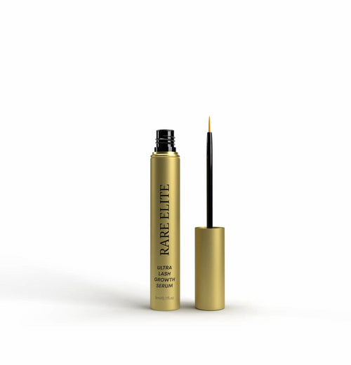 Ultra Growth Lash Serum in a sleek gold container for strengthening and lengthening lashes.